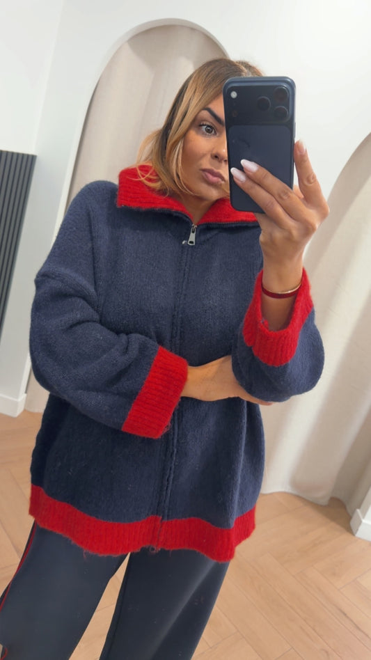 Gilet alpaga bleu marine/rouge