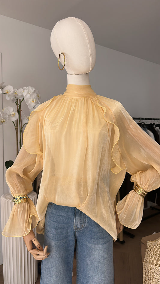 Blouse satinée effet lumière dorée ✨