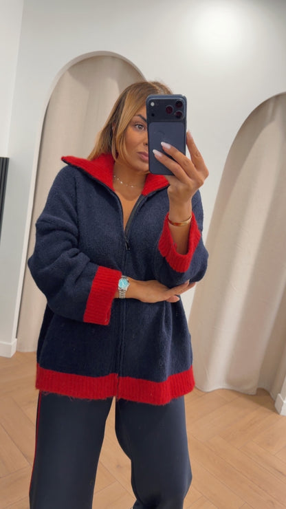 Gilet alpaga bleu marine/rouge